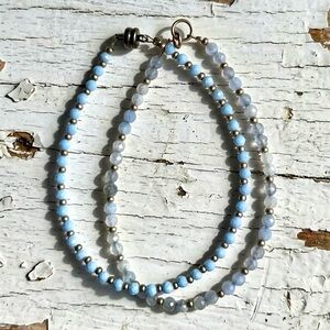 Set of 2 Faceted White Quartz, Matte Gold & Baby Blue Toned Bracelets